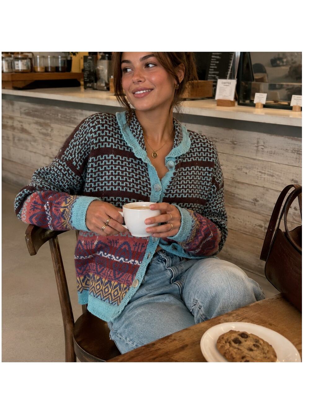 Vintage Boho Knit Cardigan Sweater Eclectic Large Colorful Teal Brown - Picture 8 of 8